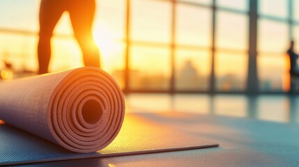 Rolled yoga mat in sunlit modern studio with city view. Wellness, fitness, and healthy lifestyle at golden hour.