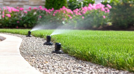 Automated Sprinkler System Irrigating a Vibrant Green Lawn and Garden