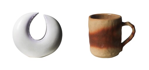 Artistic ceramic sculptures and mugs studio environment contemporary art minimalist view