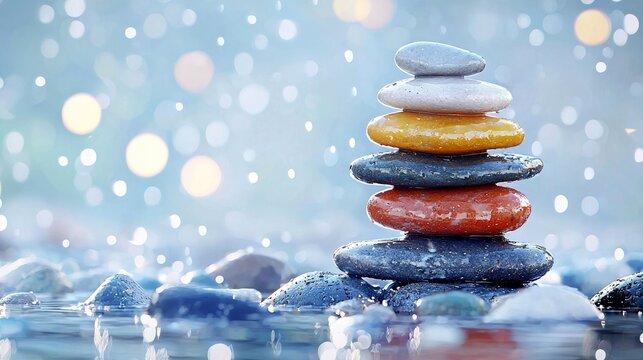 A stack of five smooth, colorful stones are balanced on top of each other in shallow water, with a soft bokeh background.