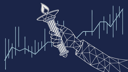 Geometric representation of human hand holding candlestick, symbolizing stock market trends and financial growth