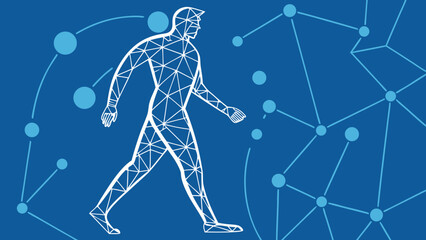 Polygonal human figure walking against blue background, symbolizing movement and connection in digital world