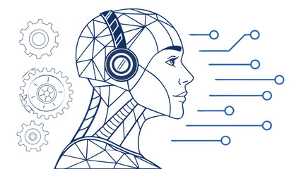 Abstract human face in profile with headphones, showcasing technology and innovation in AI