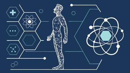 Abstract human body silhouette with nuclear atom motifs, representing science and technology concepts