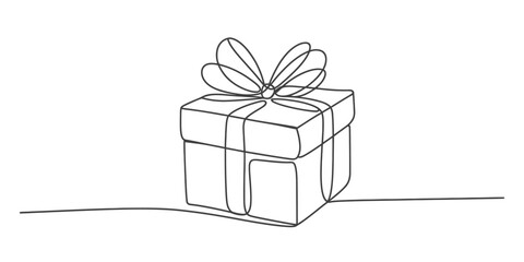 Continuous one-line drawing of a gift box isolated on transparent background, isolated on white background, Vector, illustration