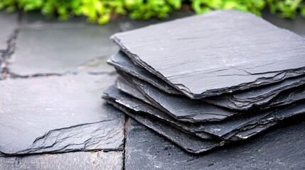 A close-up shot of a stack of square, dark gray slate coasters, with a blurred green leafy background.