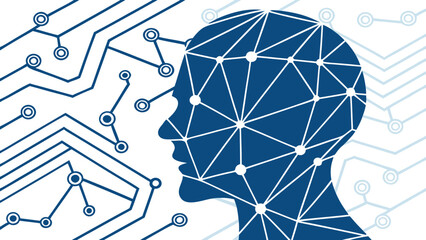Abstract human head design with connected dots and lines, symbolizing technology and innovation