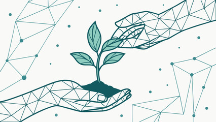 Abstract human hands holding sprout in polygonal geometric style, symbolizing growth and care