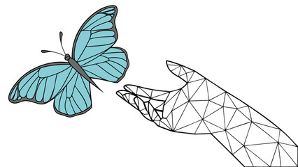 Digital representation of human hand reaching out to blue butterfly, symbolizing freedom and transformation