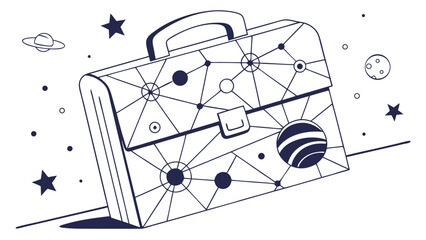 Abstract image of briefcase designed with celestial elements, featuring planets and stars, evoking sense of creativity