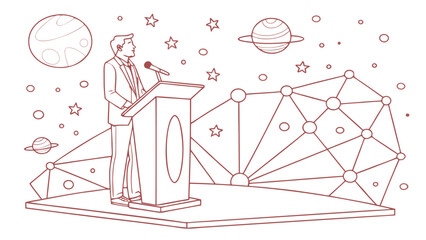 Business man standing behind podium in space, delivering speech with planets and stars in background, conveying inspiration