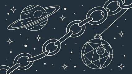 Abstract image of chain links with planet and stars in cosmic background, conveying sense of connection and wonder
