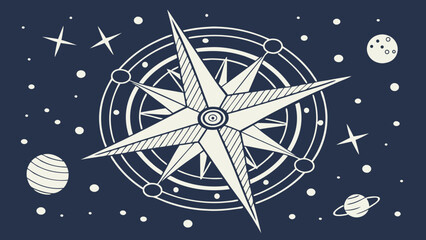 Abstract image of compass in form of star, surrounded by celestial elements, evokes sense of exploration and wonder