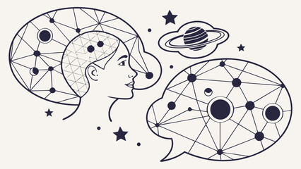 Creative illustration of person with abstract dialogue clouds, featuring cosmic elements and interconnected lines