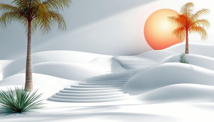 A surreal white desert landscape featuring two palm trees, a large orange sun, and a sweeping staircase.