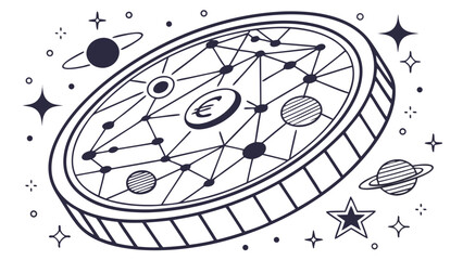 Abstract image of euro cent coin surrounded by stars and planets, representing cosmic theme and financial concept