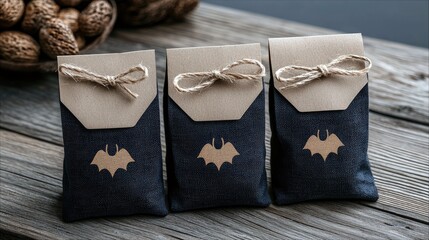 Three small, dark fabric pouches decorated with bat symbols and tied with twine bows sit on a rustic wooden table, with a bowl of nuts in the background.