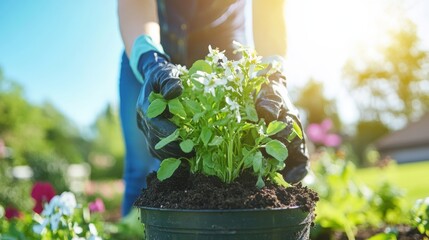 Gloved hands planting a vibrant green flowering plant into a pot in a sunny outdoor garden, symbolizing growth and spring.