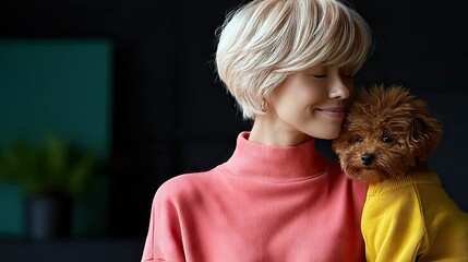 A woman with short blonde hair and a pink sweater is holding a small brown poodle wearing a yellow sweater, with her eyes closed in affection.