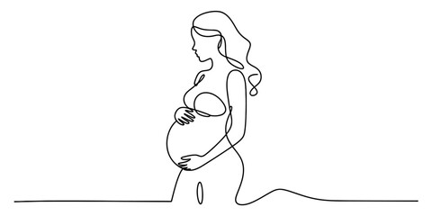 Continuous line drawing of pregnant woman isolated on transparent background, isolated on white background, Vector, illustration