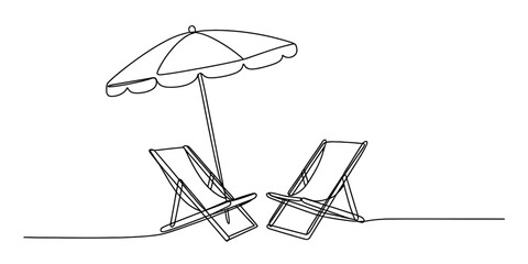 Continuous line beach scene isolated on transparent background, isolated on white background, Vector, illustration