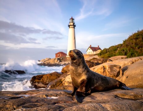 A coastal scene featuring a lighthouse, sea lion, and ocean waves