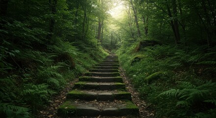 Obraz premium Stone steps ascend through a dense, vibrant green forest toward a bright opening