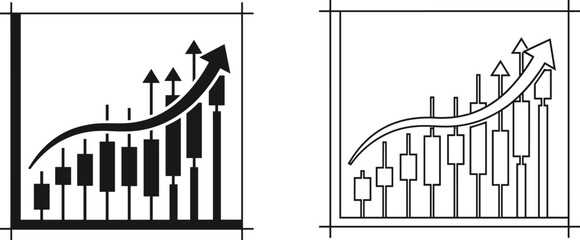 Business growth chart illustration, candlestick bar graph, upward arrow trend, financial performance, infographic style, cad drawing flat vector content
