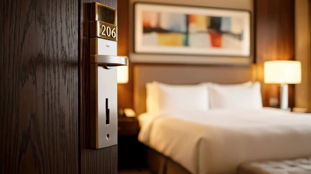 Close-up of a hotel room door with a number 206, showcasing a modern electronic lock system with a blurred luxury bedroom in the background, concept for hospitality security and guest safety