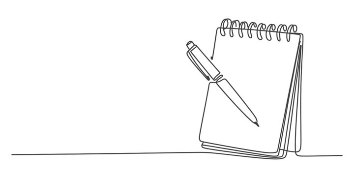 Continuous line drawing of notebook and pen isolated on transparent background, isolated on white background, Vector, illustration