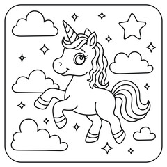 Cute Unicorn Flying Among Clouds – Kids Coloring Page Line Art Illustration
