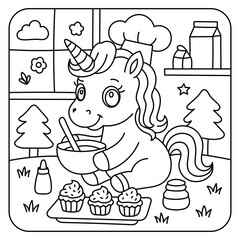 Cute Unicorn Baking Cupcakes in Cozy Kitchen – Kids Coloring Page Line Art Illustration