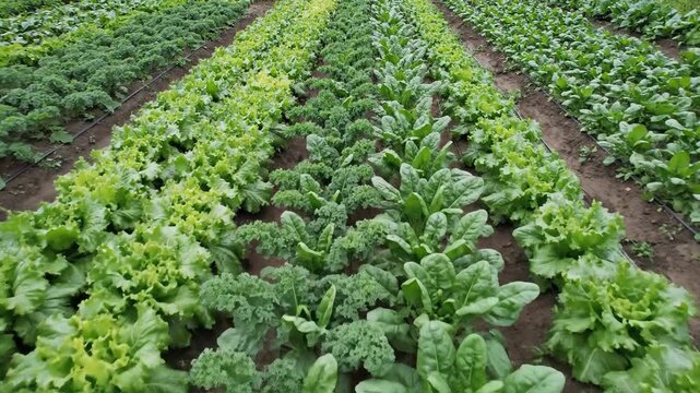 Fresh green lettuce kale spinach growing together in organized organic vegetable garden farm field.