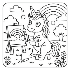 Cute Unicorn Painting a Rainbow on Easel – Kids Coloring Page Line Art Illustration