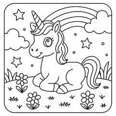 Cute Unicorn Sitting Under Rainbow – Kids Coloring Page Line Art Illustration