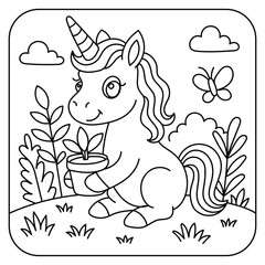Cute Unicorn Gardening with Plant Pot – Kids Coloring Page Line Art Illustration