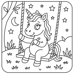 Cute Unicorn Sitting on Swing at Night – Kids Coloring Page Line Art Illustration