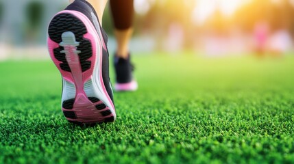 Fitness concept with running shoe on green grass, warm sunlight.