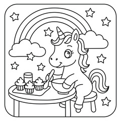 Cute Unicorn Baking Cupcakes Under Rainbow – Kids Coloring Page Line Art Illustration