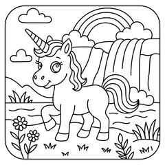 Cute Unicorn Walking Near Waterfall and Rainbow – Kids Coloring Page Line Art Illustration