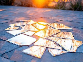 Broken mirror shards scattered on a stone patio, reflecting the warm glow of a sunset.