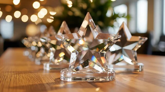 A row of sparkling crystal star awards placed on a wooden table with warm light ambiance, concept for corporate recognition, business achievement and reward excellence