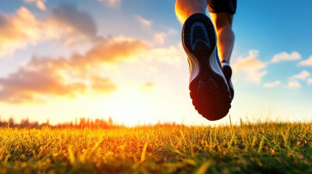 Athlete running at sunset in a golden field. Close-up of running shoes, active lifestyle, freedom, and outdoor fitness.