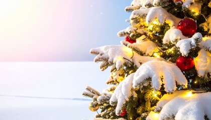 A close-up view of snow-covered Christmas tree branches decorated with red ornaments and warm lights, overlooking a peaceful winter landscape under soft pastel skies. 