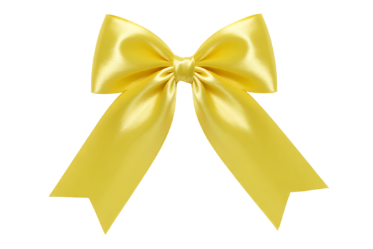 Shiny golden yellow satin ribbon with bow isolated on a transparent background.
