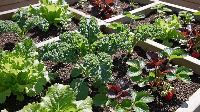 Fresh organic produce growing abundantly in a sunny wooden raised garden bed.