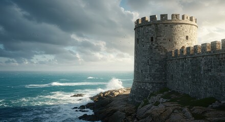 Ancient stone fortress tower stands firm against turbulent ocean waves under dramatic skies