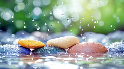A close-up shot of stacked, smooth, wet stones in shallow water, with falling water droplets and a soft, blurred green and yellow bokeh background.