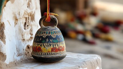 Ornate hand painted ceramic bell hanging outdoors with blurred background