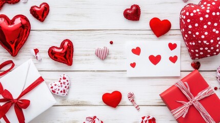 Romantic Valentine's Day flat lay with red hearts, gift boxes & card on white wooden background. Love celebration with copy space.